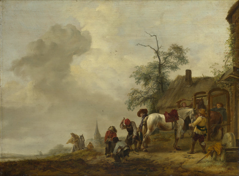 Un cheval ferré à l'extérieur d'une forge de village - Philips Wouwerman
