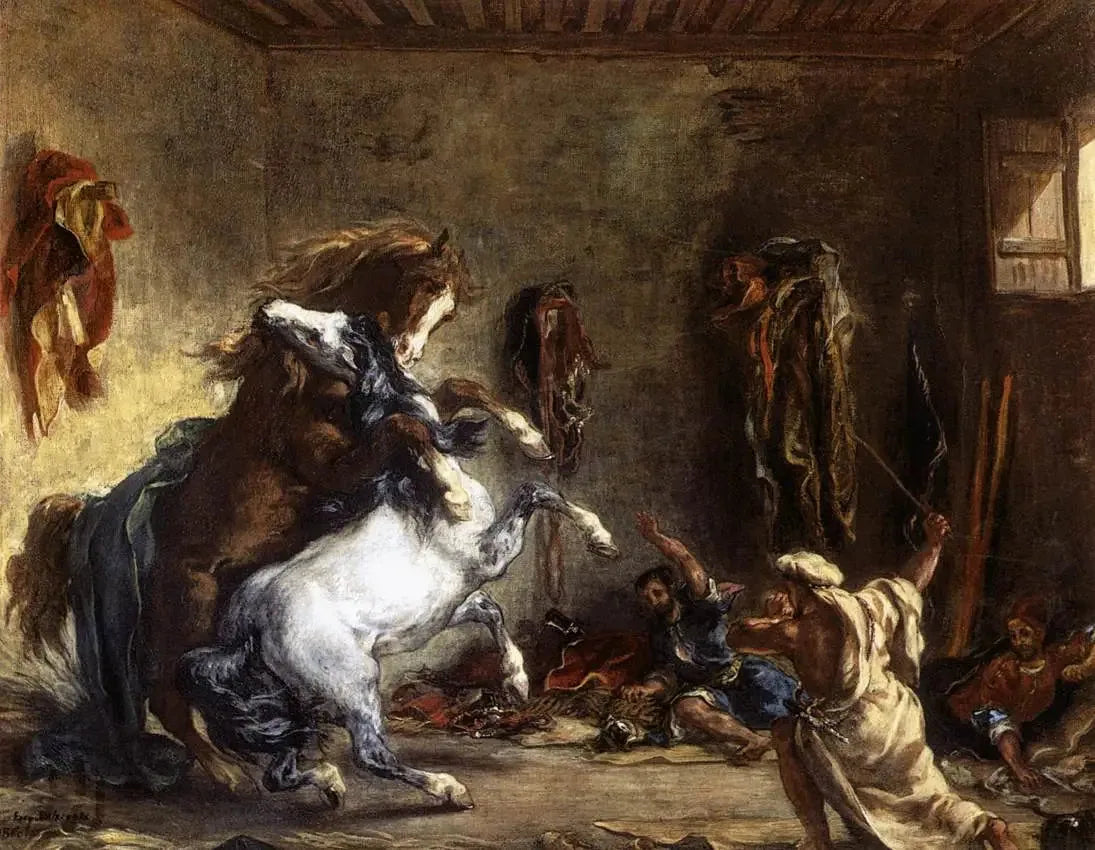 Chevaux arabes se battant dans une écurie - Eugène Delacroix image 1 reproduction artisanale de tableau