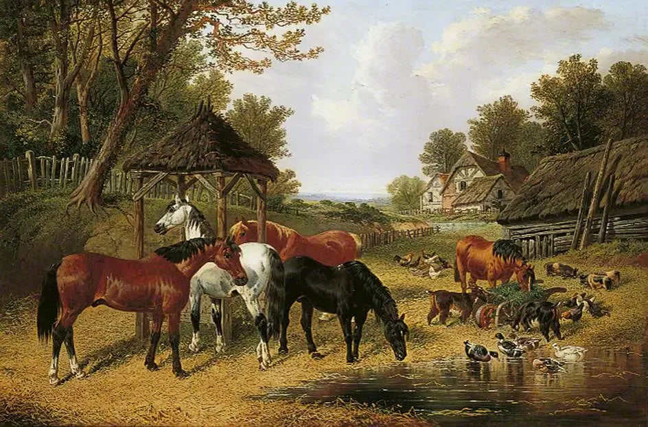 Chevaux au bord d'un étang de ferme - John Frederick Herring, Sr. image 1 reproduction de peinture à l’huile