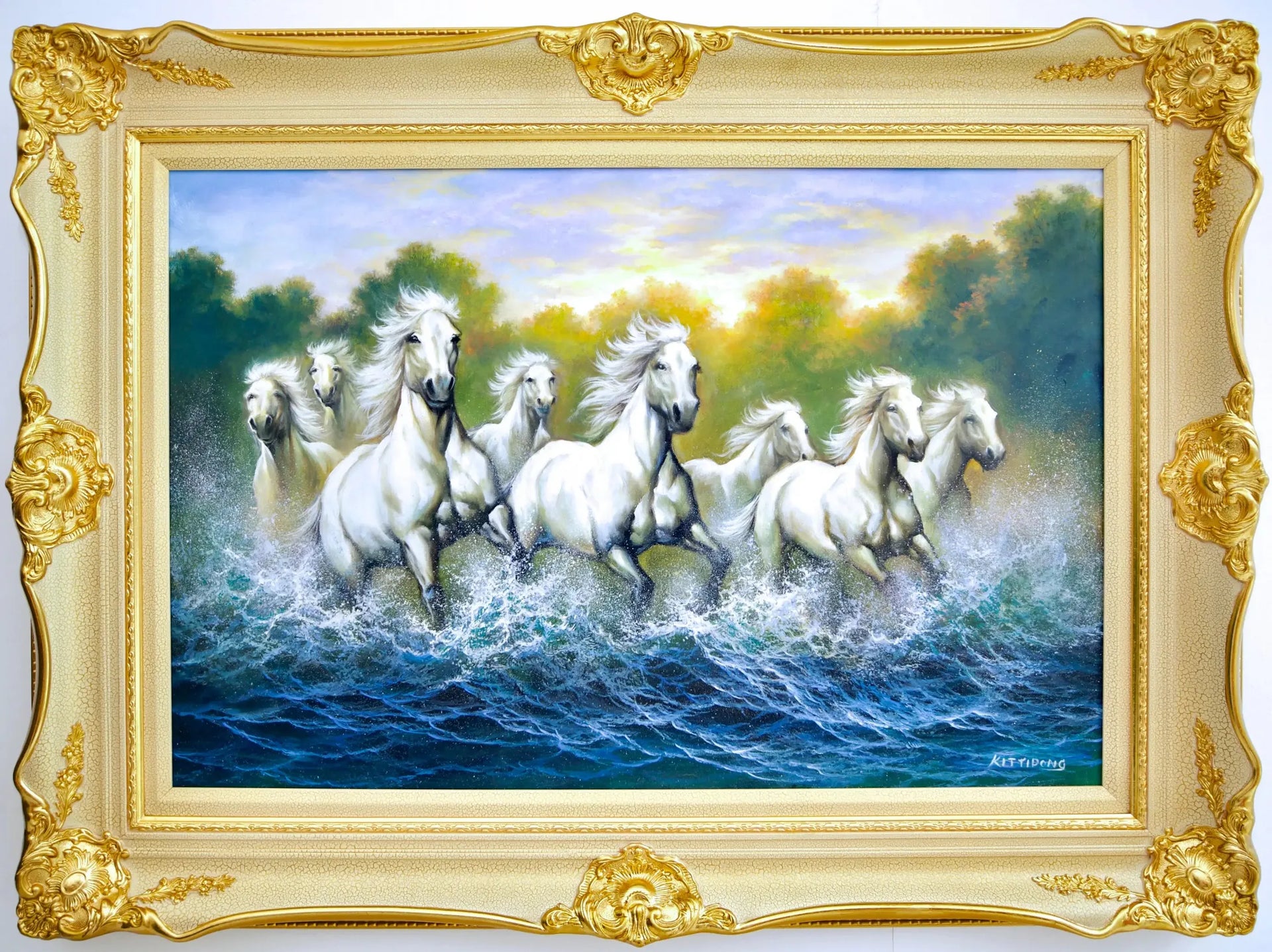 Chevaux Blancs et Rivières | 90 x 60 cm image 1 copie de tableau peinte à la main