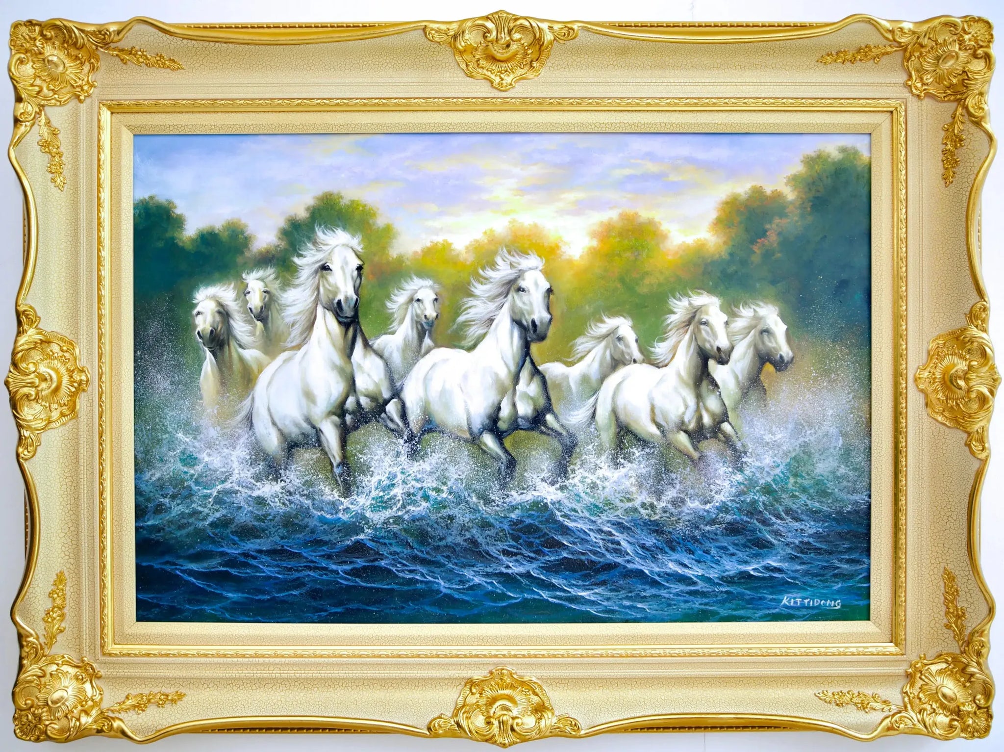 Chevaux Blancs et Rivières | 90 x 60 cm image 1 copie de tableau peinte à la main
