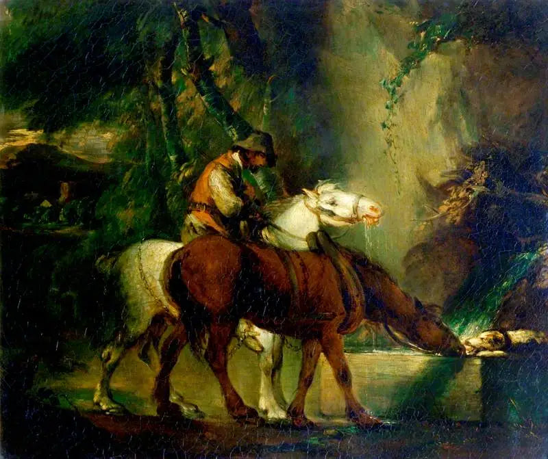 Chevaux de trait à un abreuvoir - Thomas Gainsborough image 1 copie peinte à la main à l’huile
