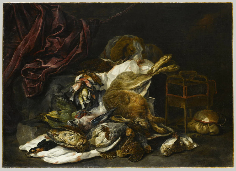 Chien près d un étalage de gibier mort et d un bas-relief sculpté - Jan Fyt