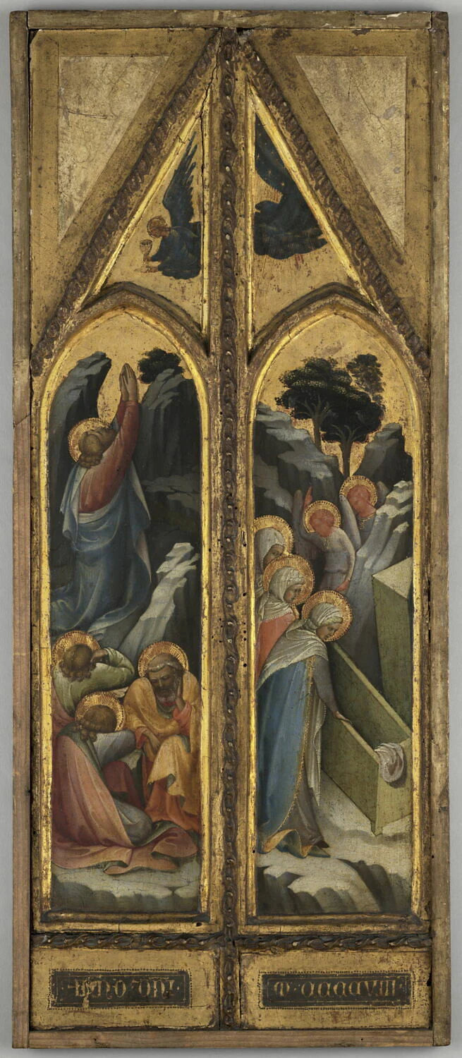 Le Christ au jardin des Oliviers ; les Saintes Femmes au tombeau ; à la partie supérieure, un ange - Lorenzo degli Angeli Lorenzo Monaco