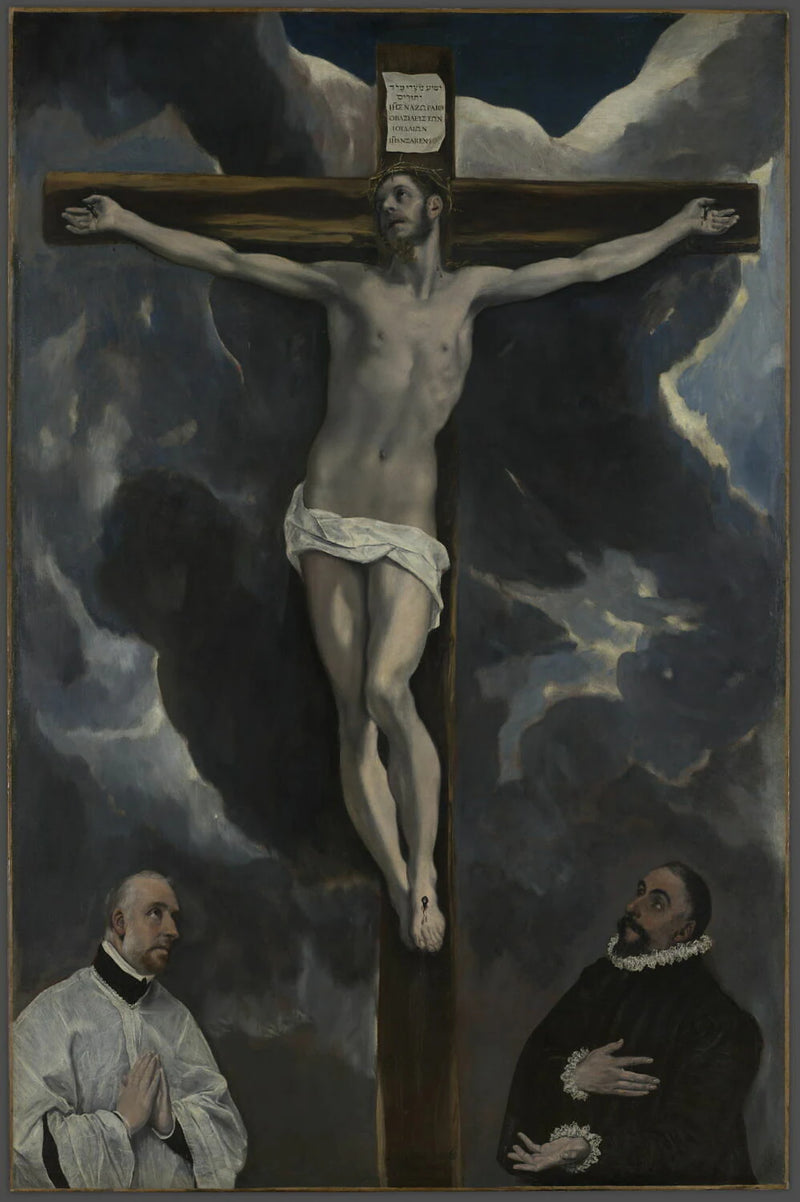 Le Christ en croix adoré par deux donateurs - Domenikos Theotocopoulos