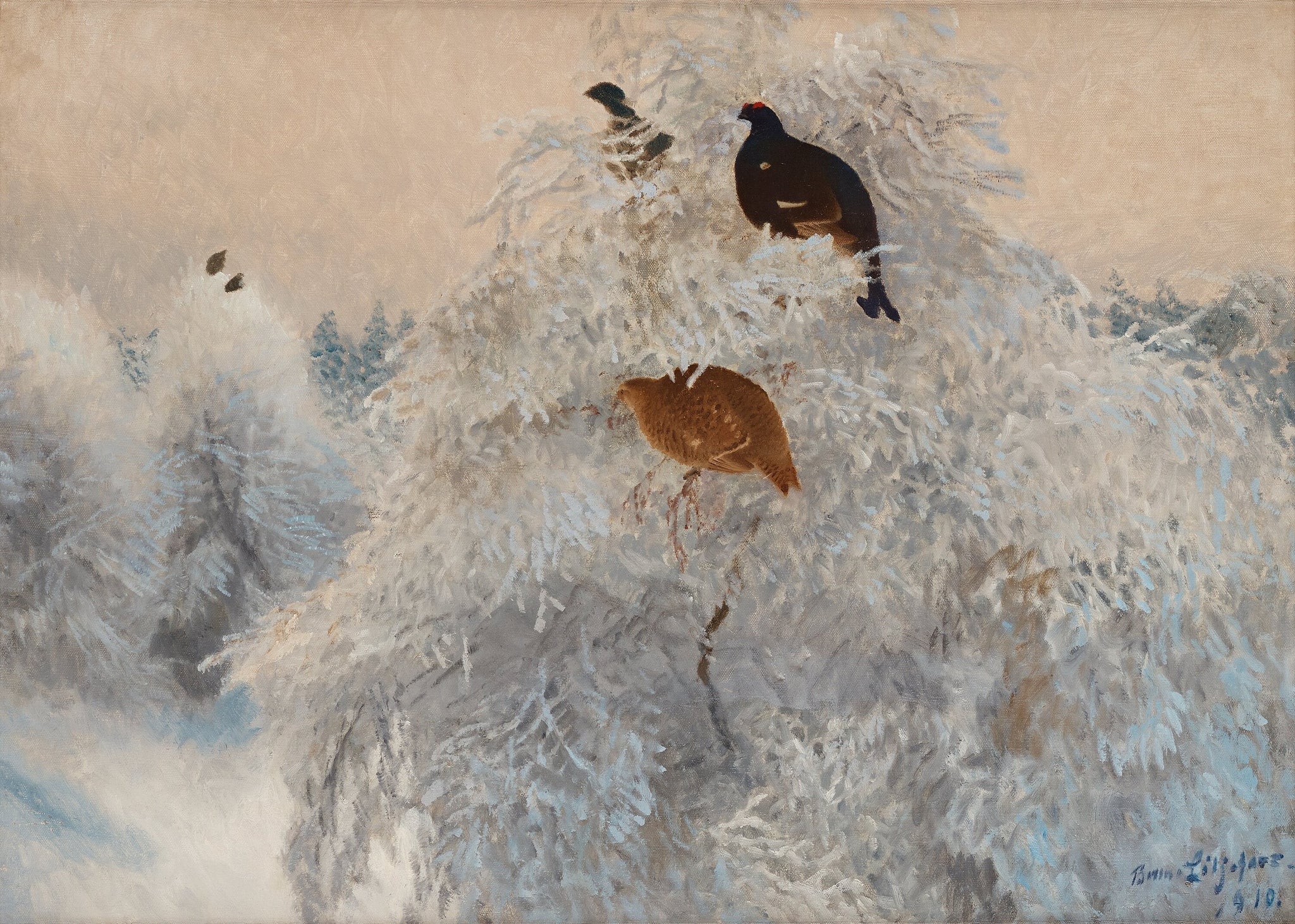 Cimes d'arbres blanches en hiver avec des tétras lyres - Bruno Liljefors image 1 reproduction de peinture à l’huile
