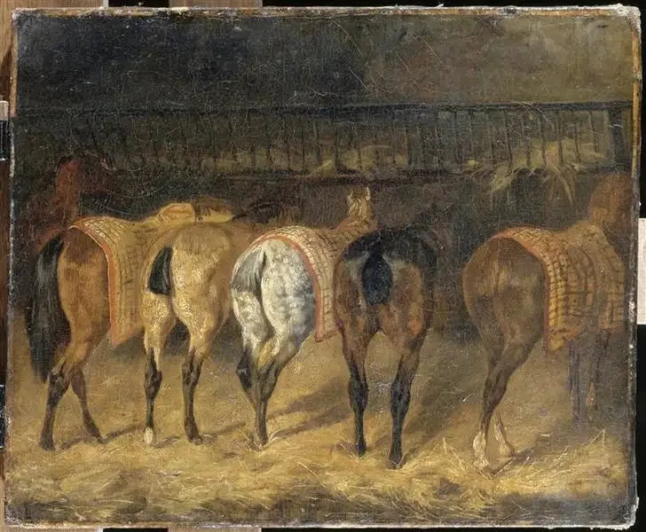 Cinq chevaux vus par la croupe dans une écurie - Théodore Géricault image 1 reproduction d’œuvre d’art à l’huile