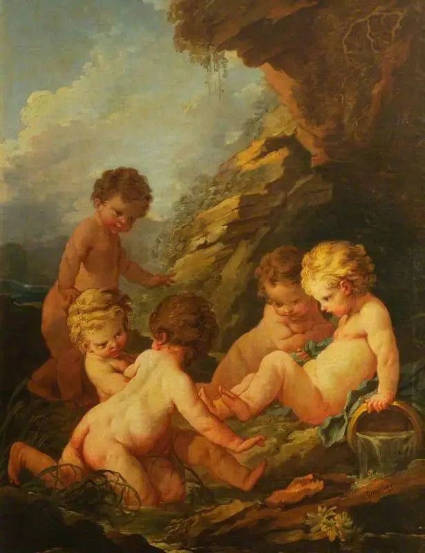 Cinq enfants nus jouant au bord d'une piscine rocheuse - François Boucher image 1 reproduction d’œuvre d’art à l’huile