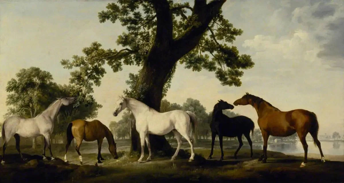 Cinq juments à l'élevage du duc de Cumberland dans le Grand Parc de Windsor - George Stubbs image 1 tableau peint à l’huile sur toile