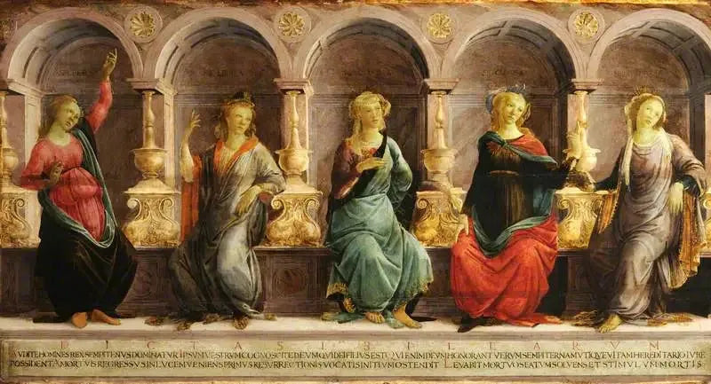 Cinq sibylles assises dans des niches : la babylonienne, la libyenne, la delphique, la cimmérienne et l'érythréenne - Sandro Botticelli image 1 reproduction d’œuvre d’art à l’huile