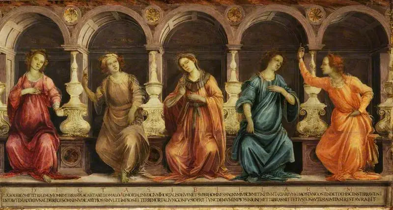 Cinq sibylles assises dans des niches : la Samienne, la Cuméenne, l'Hellespontique, la Phrygienne et la Tiburtine - Filippino Lippi image 1 reproduction artisanale de tableau