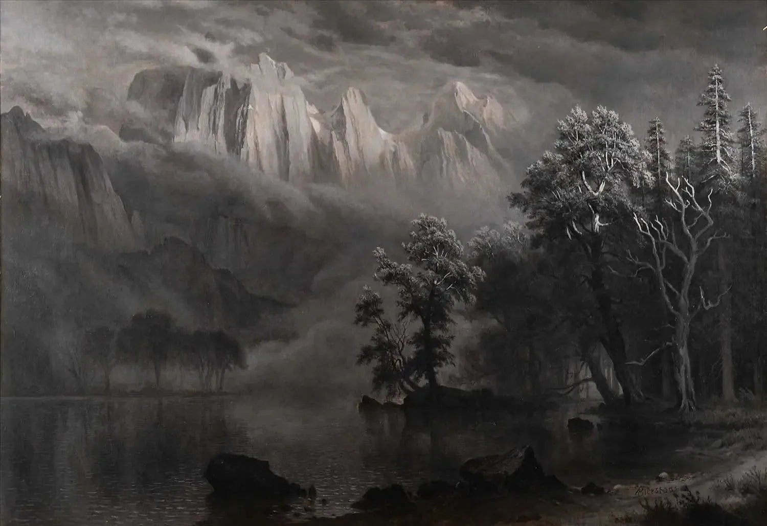 Clair de lune à Yosemite - Albert Bierstadt image 1 reproduction de peinture à l’huile
