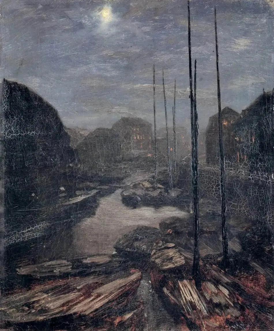 Clair de lune sur le Friedrichskanal dans le vieux Berlin - Adolph von Menzel image 1 tableau peint à l’huile sur toile