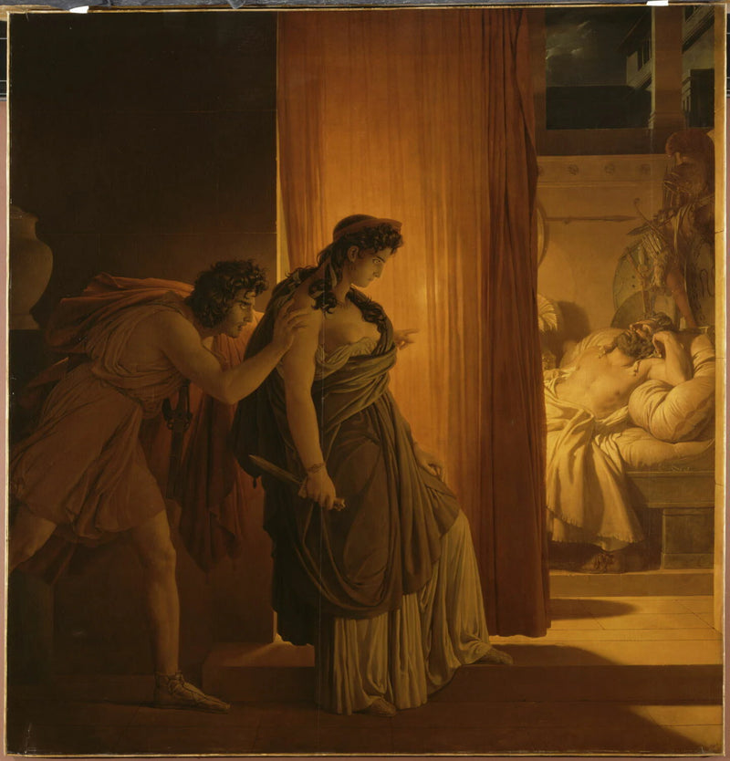 Clytemnestre hésite avant de frapper Agamemnon endormi. Égisthe, son complice, la pousse - Pierre-Narcisse Guérin