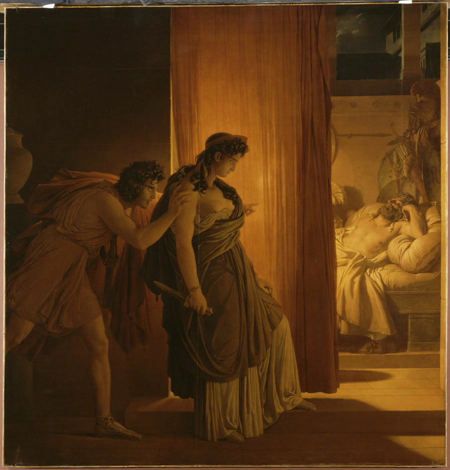 Clytemnestre hésite avant de frapper Agamemnon endormi. Égisthe, son complice, la pousse - Pierre-Narcisse Guérin