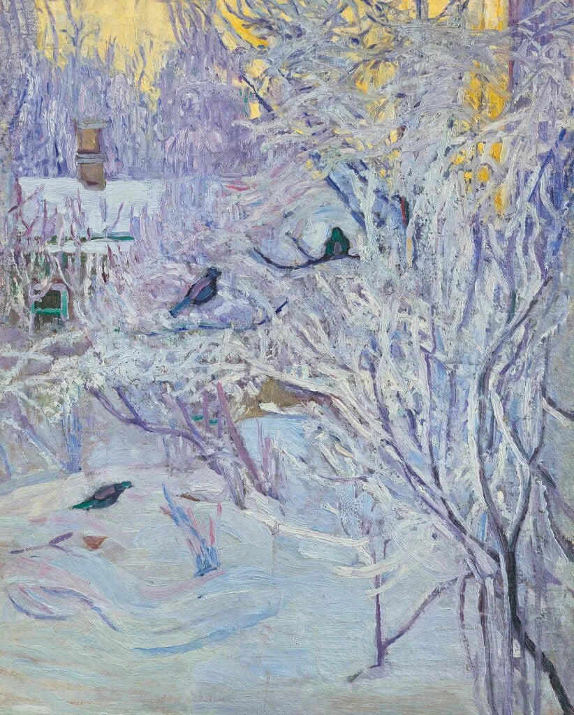 Coin de la maison et bouvreuils sur l'arbre. Hiver - Olga Rozanova image 1 reproduction de peinture à l’huile