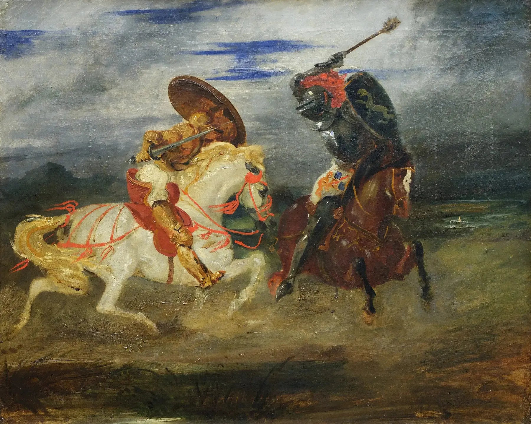 Combat de chevaliers dans la campagne - Eugène Delacroix image 2 reproduction artisanale de tableau