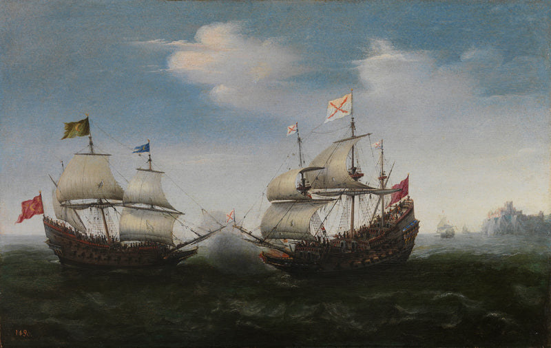 Combat naval près d'une côte rocheuse - Hendrick Cornelisz Vroom