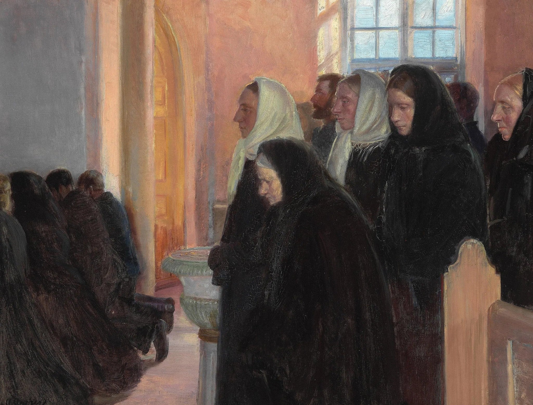 Communion dans l'église de Skagen. Lumière du soleil filtrant à travers les vitraux. - Anna Ancher image 1 copie peinte à la main à l’huile