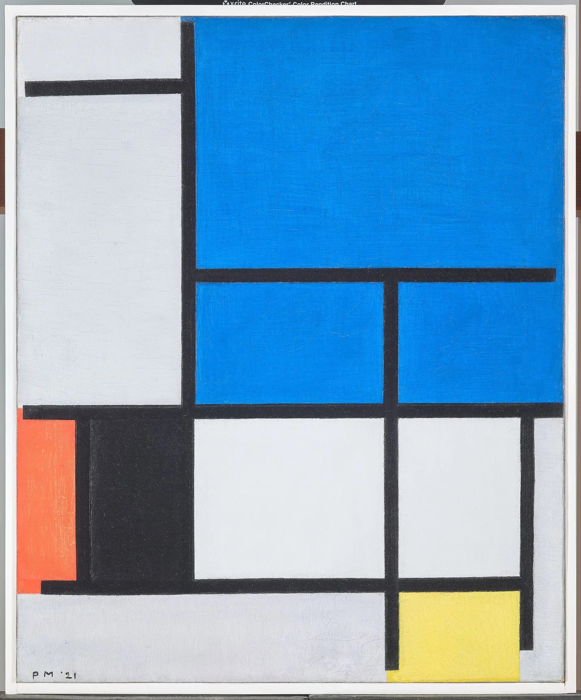 Composition avec un grand avion bleu, rouge, noir, jaune et gris - Piet Mondrian image 1 reproduction de peinture à l’huile