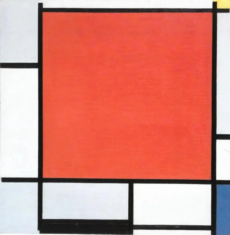Composition avec un grand avion rouge, gris bleuté, jaune, noir et bleu - Piet Mondrian image 1 reproduction de peinture à l’huile