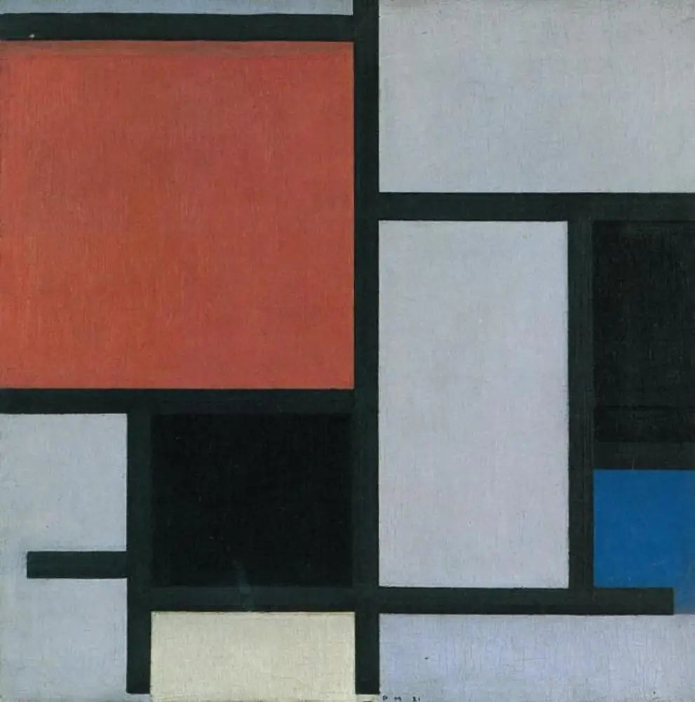 Composition avec un grand avion rouge, noir, bleu, jaune et gris - Piet Mondrian image 1 copie de tableau peinte à la main