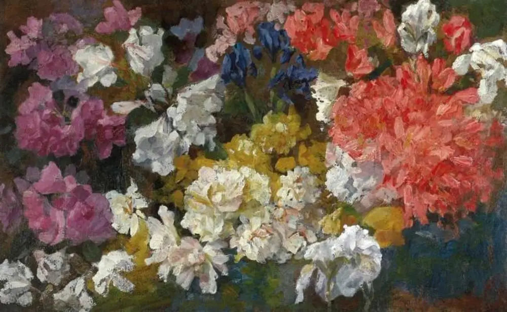 Composition florale avec rhodondendrons et iris - Piet Mondrian image 1 copie peinte à la main à l’huile