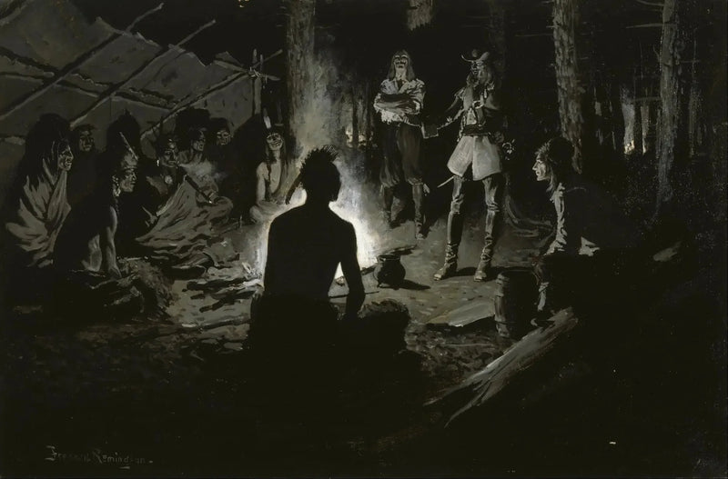 Conseil des explorateurs français avec les Indiens - Frederic Remington