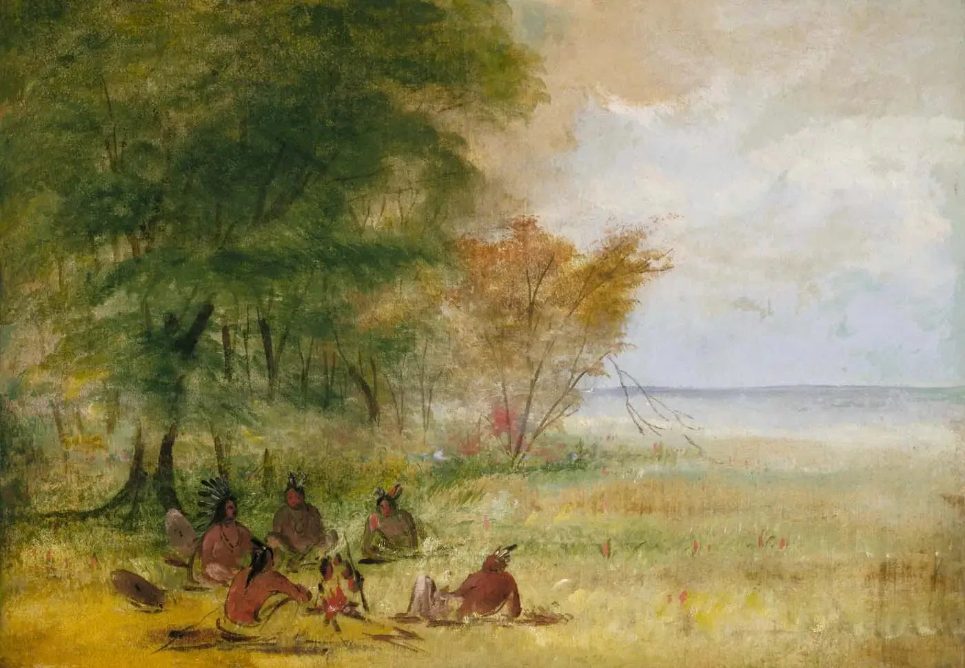 Conseil indien Sioux, chefs en profonde délibération - George Catlin image 1 reproduction artisanale de tableau