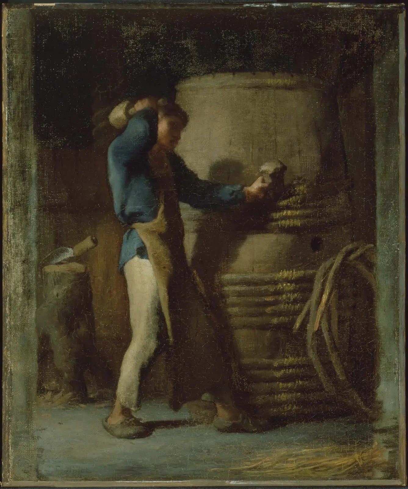 Cooper serrant les douelles d'un tonneau - Jean-François Millet image 1 reproduction artisanale de tableau