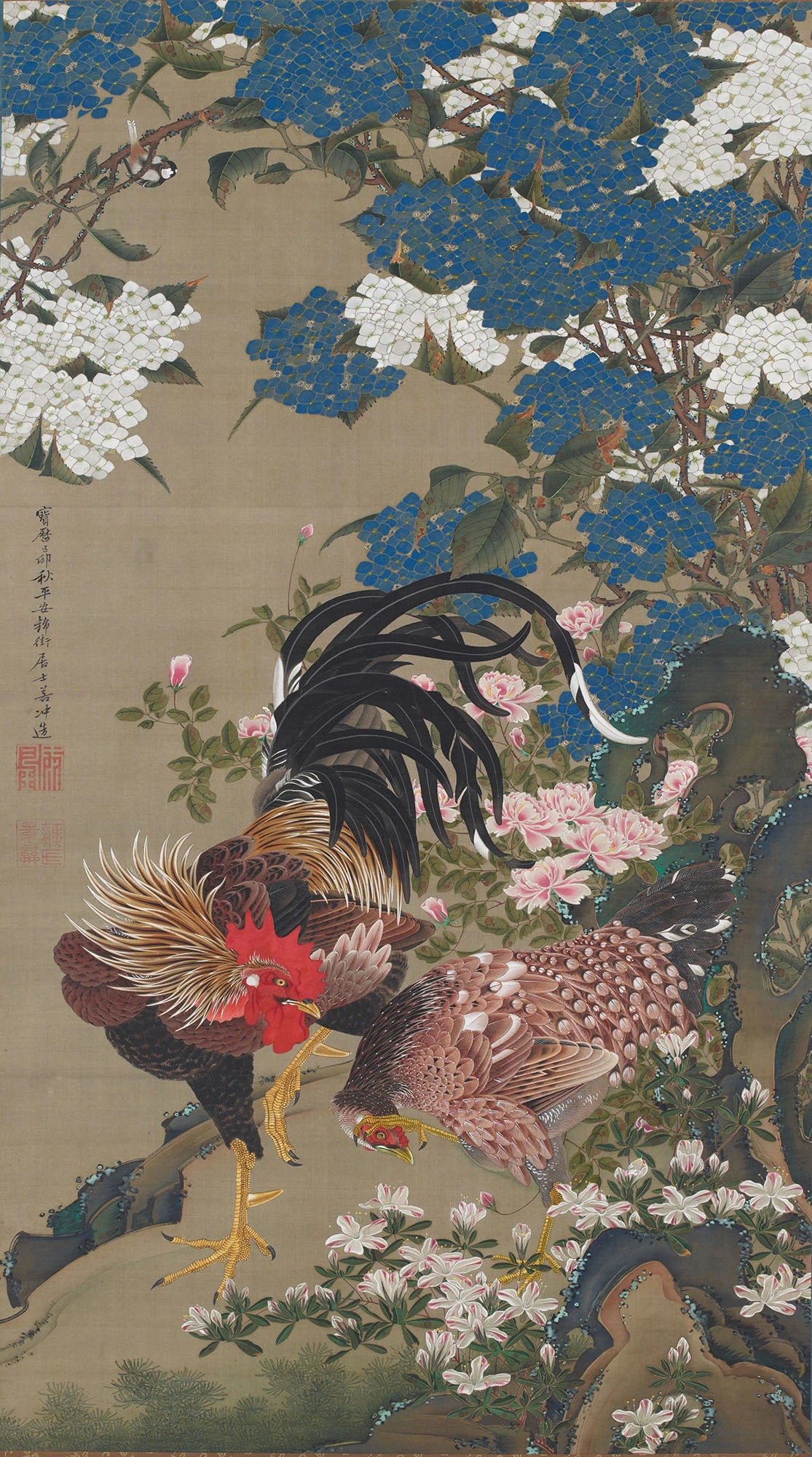 Coq et poule parmi les hortensias, Itō Jakuchū, 1759