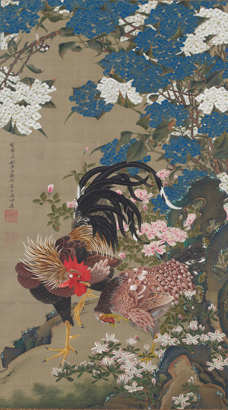 Coq et poule parmi les hortensias - Itō Jakuchū