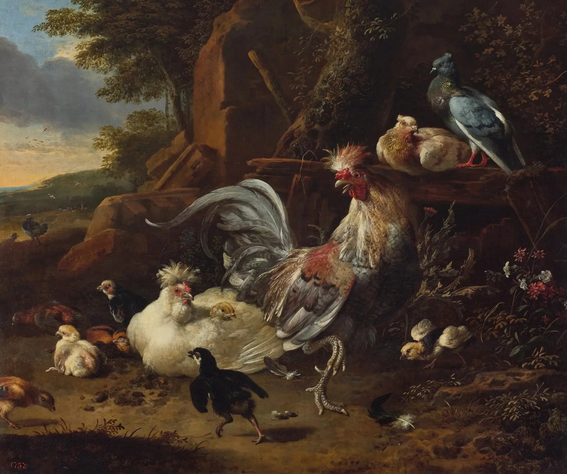 Coq, poules et autres volailles dans une cour - Melchior de Hondecoeter image 1 tableau peint à l’huile sur toile