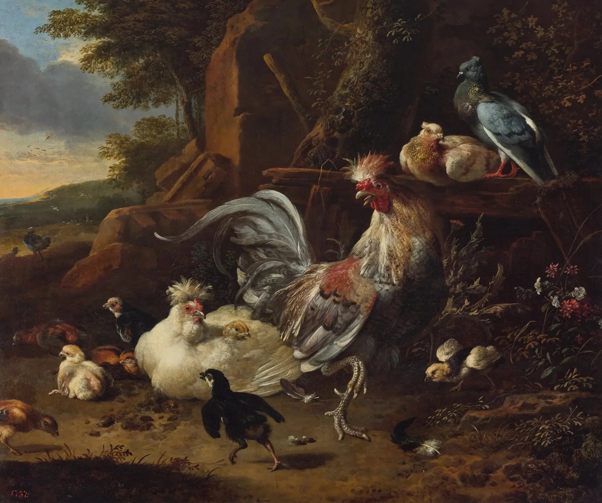 Coq, poules et autres volailles dans une cour - Melchior de Hondecoeter image 1 tableau peint à l’huile sur toile