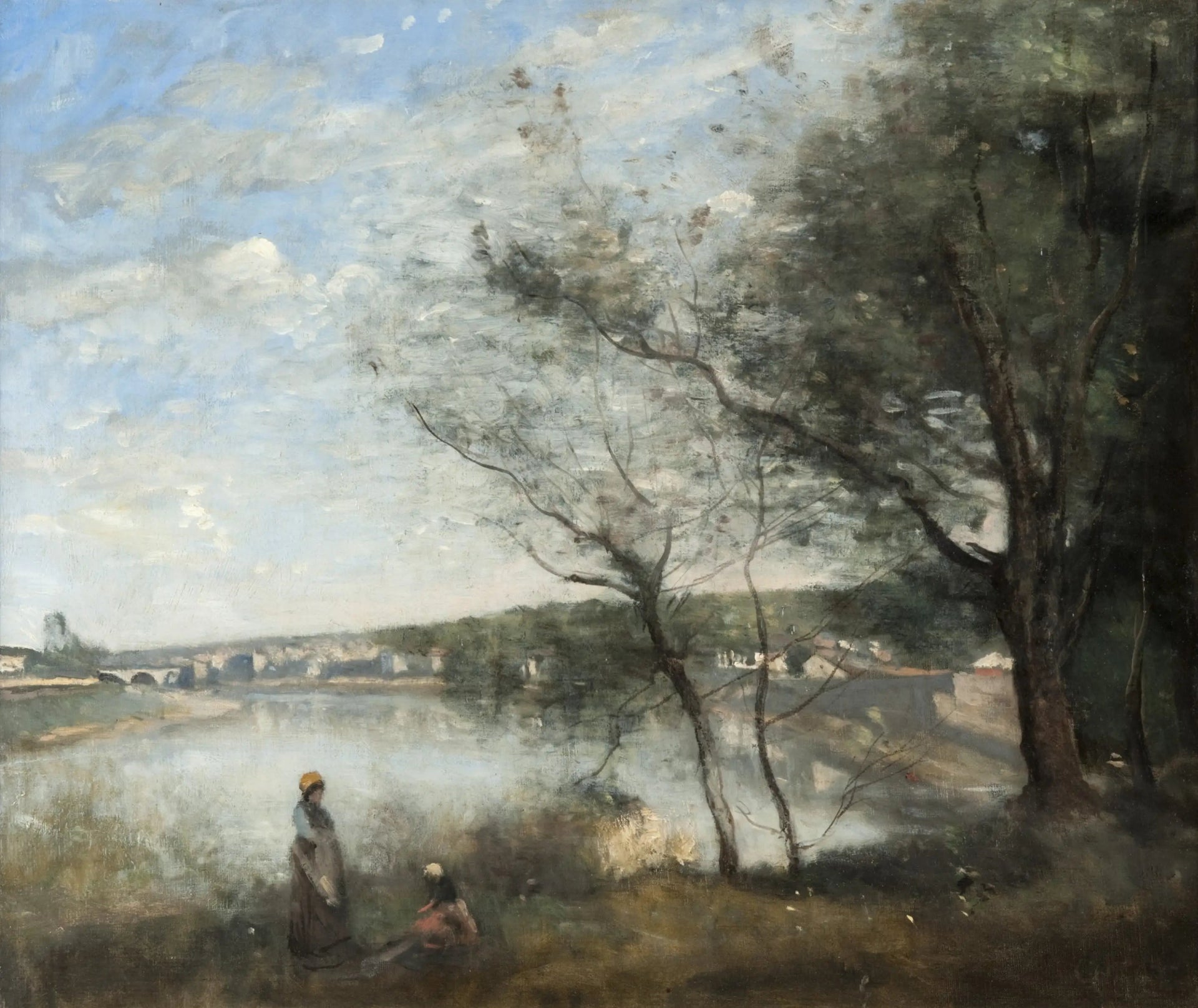 Corbeil vu de loin: Derrière les arbres, le matin - Jean-Baptiste Camille Corot image 1 reproduction réalisée par Alpha Reproduction