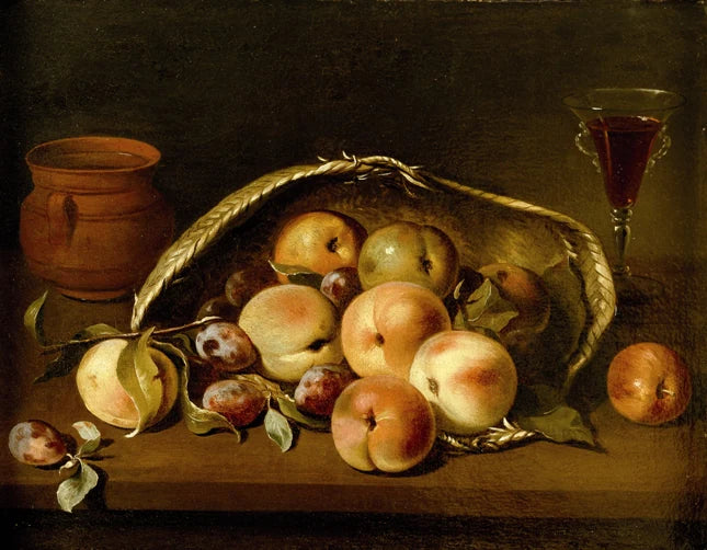 Corbeille avec pêches et prunes - Pedro de Camprobín