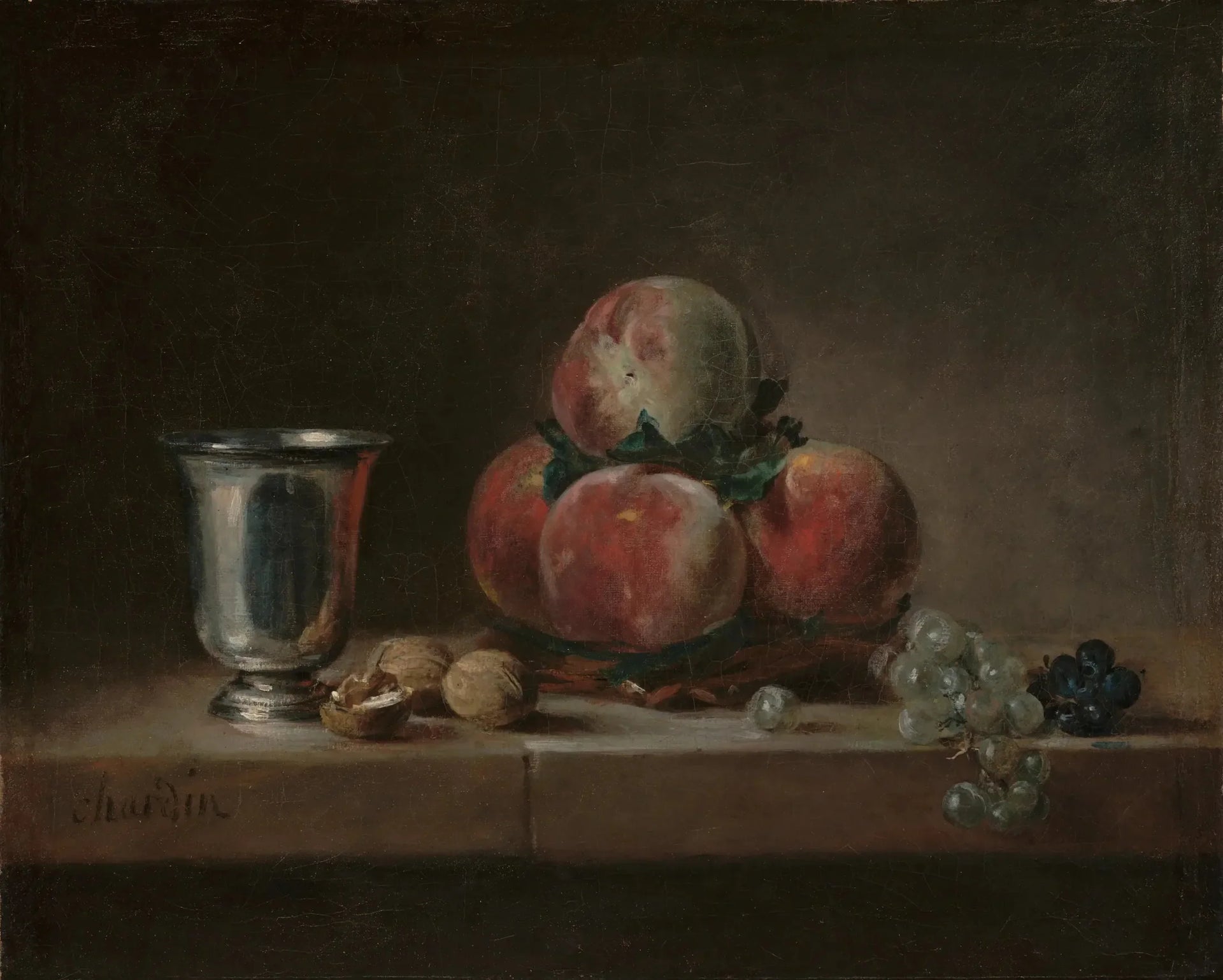 Corbeille de pêches avec un gobelet d'argent - Jean Siméon Chardin image 1 tableau peint à l’huile sur toile
