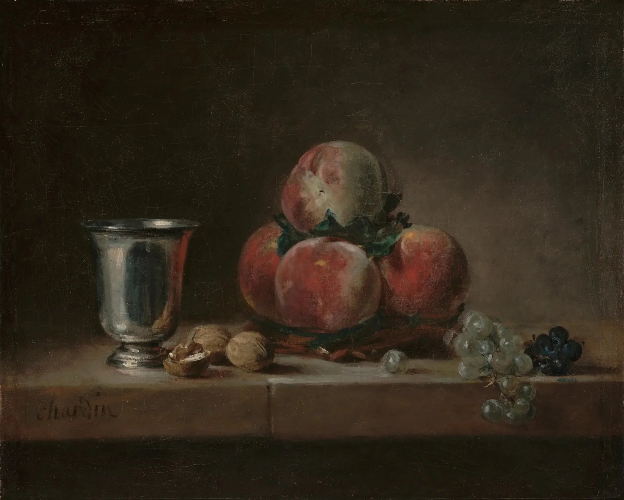 Corbeille de pêches avec un gobelet d'argent - Jean Siméon Chardin image 1 tableau peint à l’huile sur toile