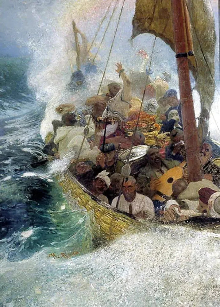 Cosaques sur la mer Noire. Cosaques zaporogues sur une chaika pendant une tempête. - Ilya Repin image 1 tableau peint à l’huile sur toile