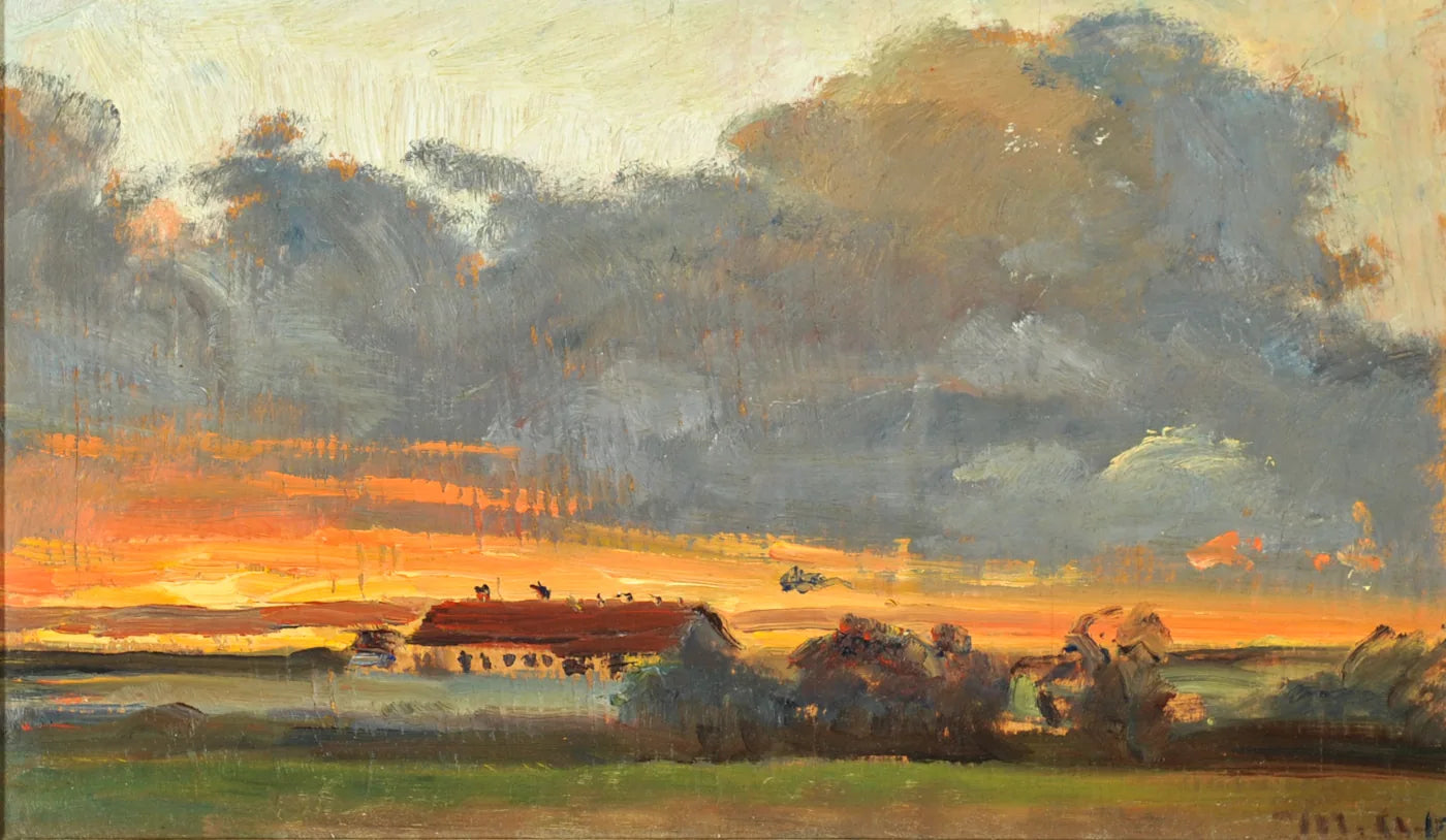 Coucher de soleil à Skagen avec vue sur la ferme de Rytter Søren. - Michael Peter Ancher image 1 reproduction de peinture à l’huile