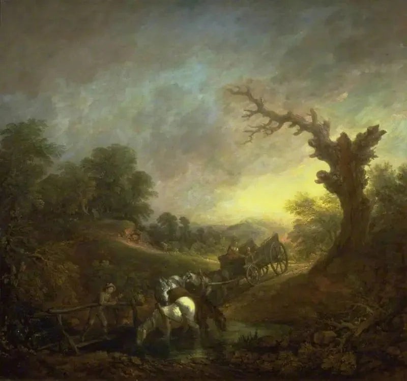 Coucher de soleil : Chevaux de trait buvant au bord d'un ruisseau - Thomas Gainsborough image 1 reproduction artisanale de tableau