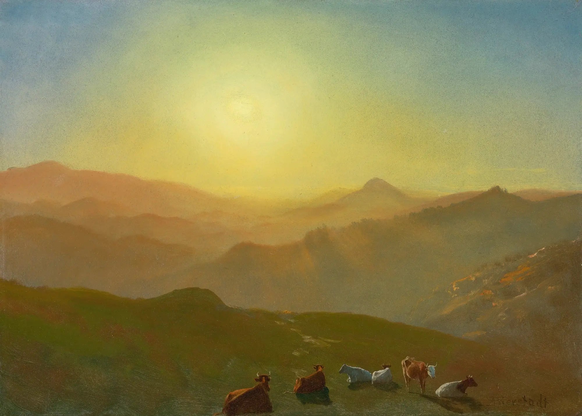 Coucher de soleil, Clay Street Hill, San Francisco - Albert Bierstadt image 1 copie peinte à la main à l’huile