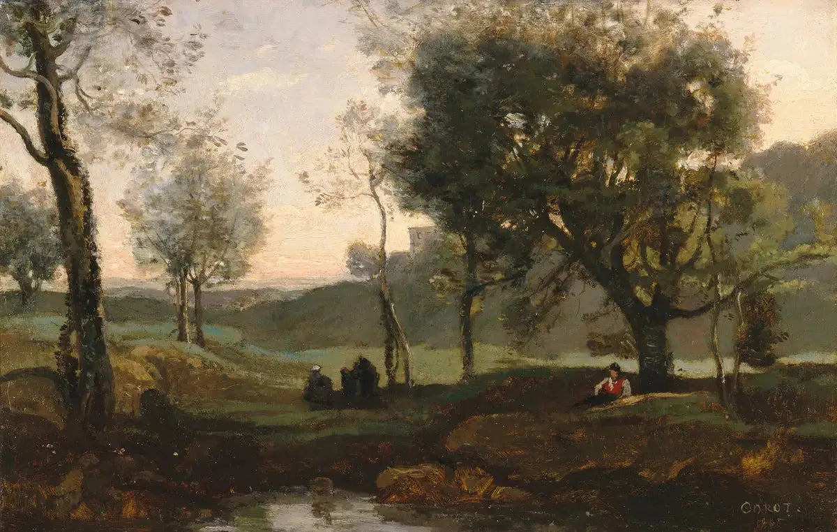 Coucher de soleil : personnages sous les arbres - Jean-Baptiste Camille Corot image 1 reproduction artisanale de tableau