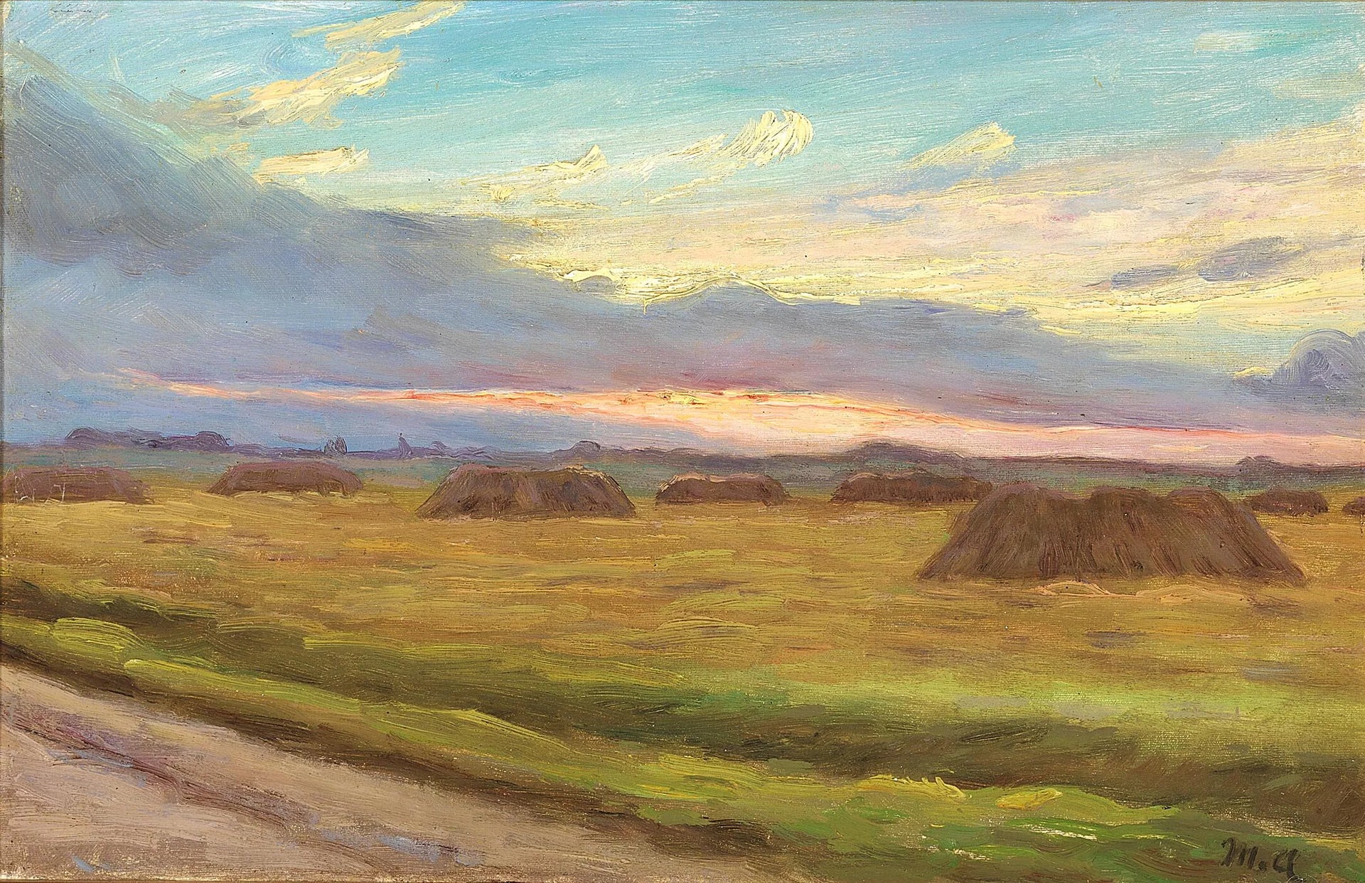 Coucher de soleil sur un paysage de moisson à Skagen. - Michael Peter Ancher image 1 copie peinte à la main à l’huile