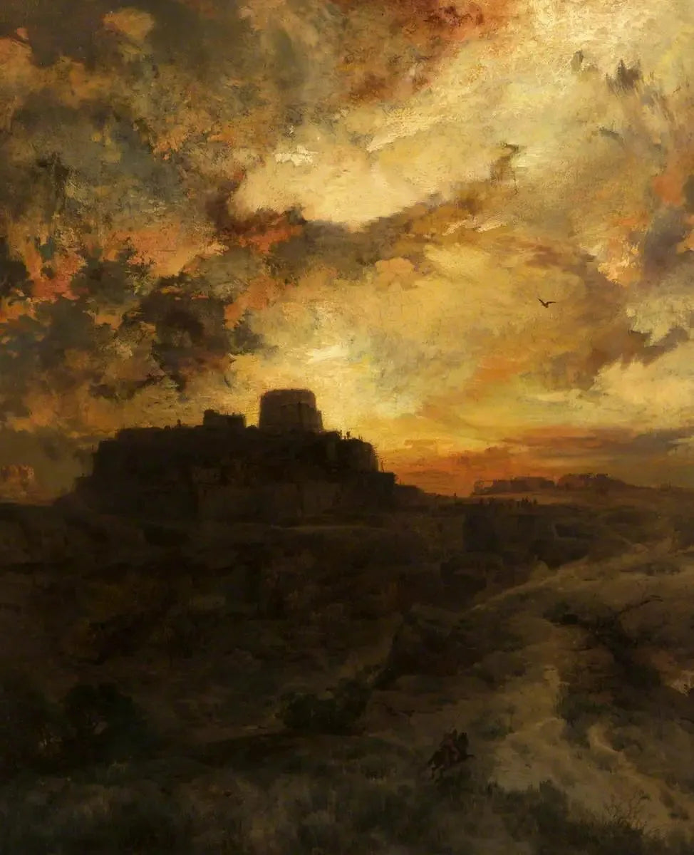 Coucher du soleil, Pueblo del Walpe, Arizona - Thomas Moran image 1 reproduction de peinture à l’huile