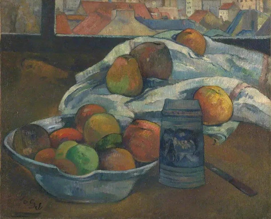 Coupe de fruits et picher devant la fenêtre - Paul Gauguin image 1 reproduction de peinture à l’huile