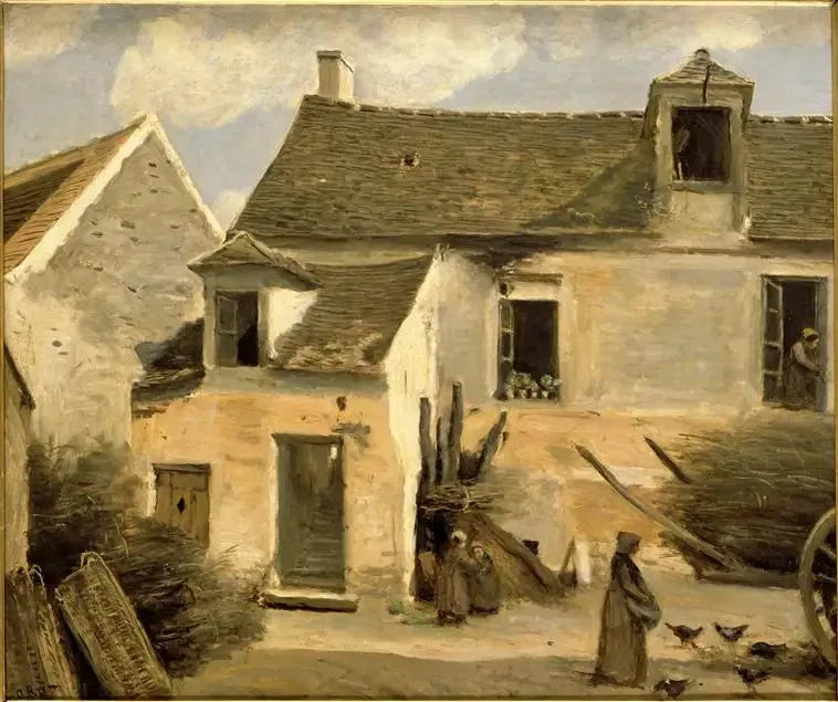 Cour d'une maison de paysans aux environs de Paris - Jean-Baptiste Camille Corot image 1 copie de tableau peinte à la main