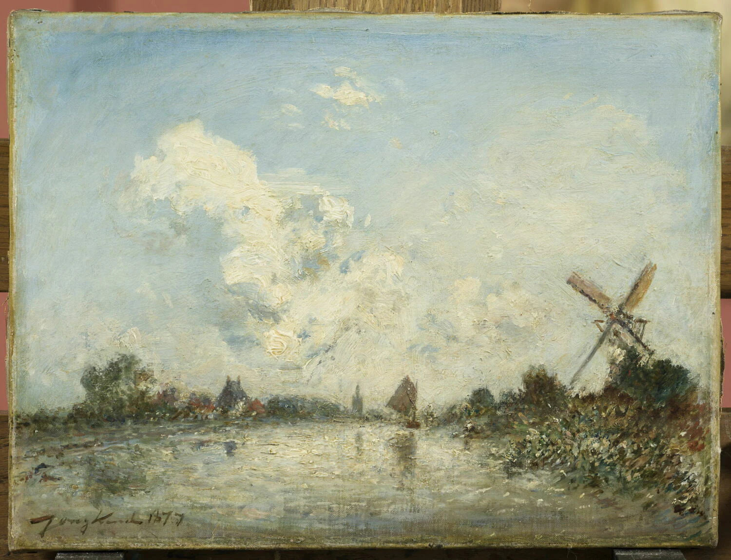 Cours d eau en Hollande avec barque et moulin - Johan Barthold Jongkind