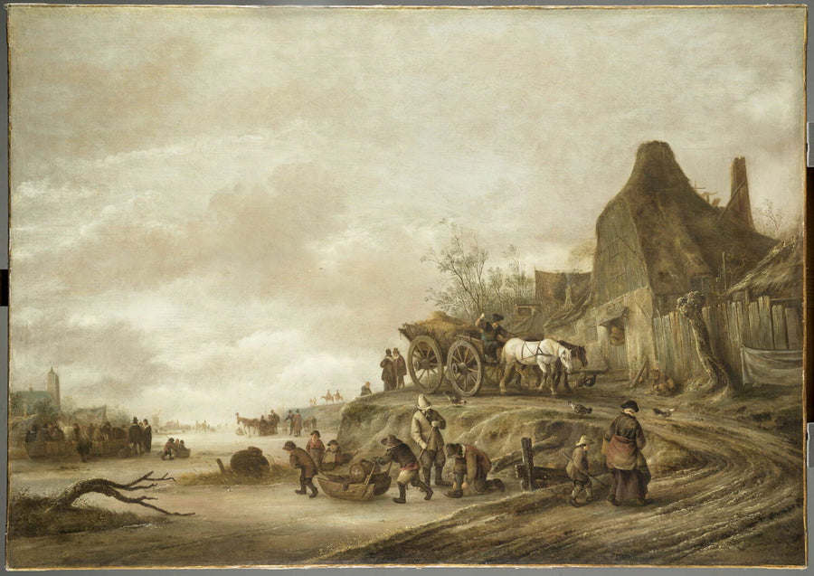 Cours d'eau gelé avec, sur le côté, une carriole descendant un chemin bordé de maisons et de palissades en bois - Isaack van Ostade