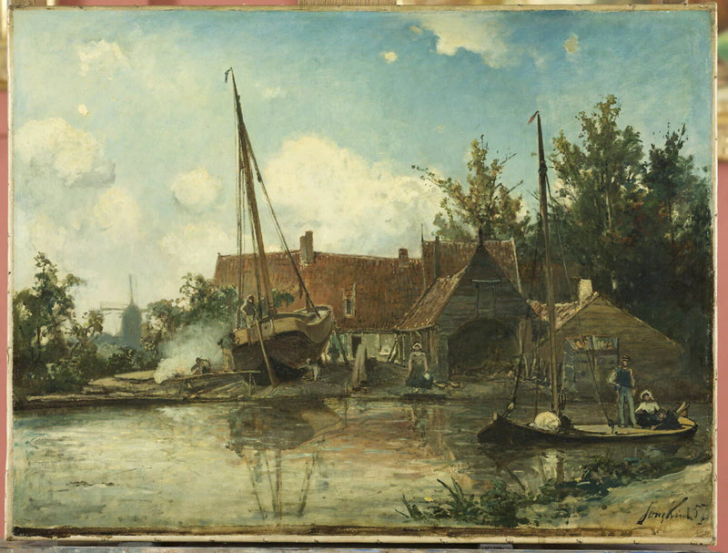 Cours d'eau hollandais avec une grosse barque au calfatage - Johan Barthold Jongkind